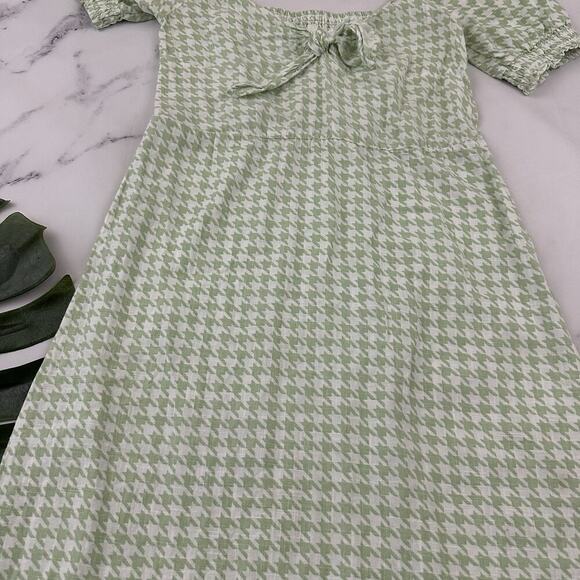 Roxy Houndstooth Midi Dress Size S Mint Green White Puff Sleeve Pastel - Picture 3 of 10